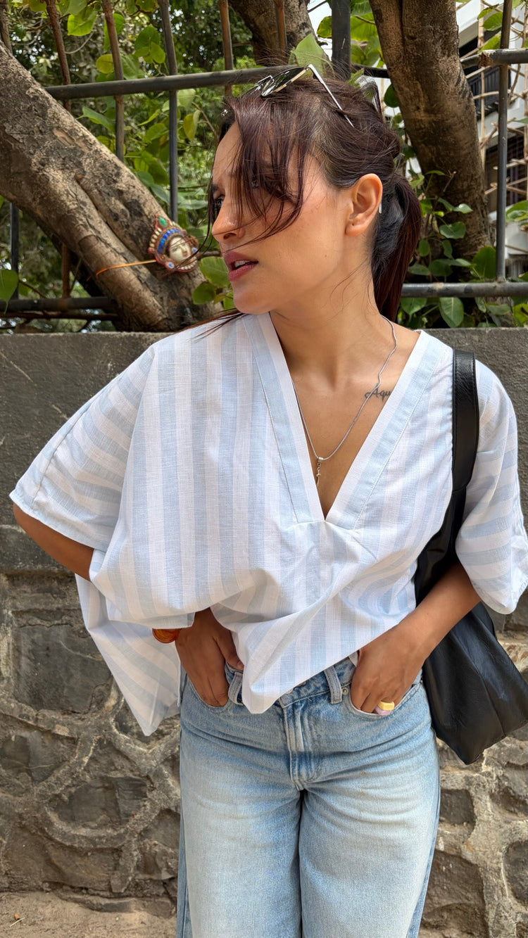 Seabreeze Top in blue-and-white stripe — Beige Hours