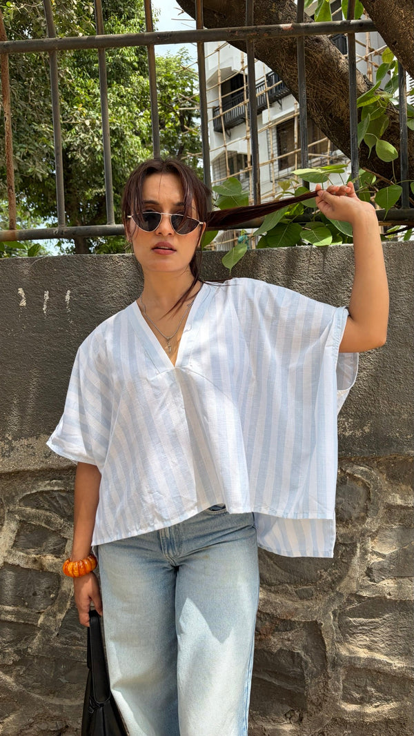 Seabreeze Top in blue-and-white stripe — Beige Hours