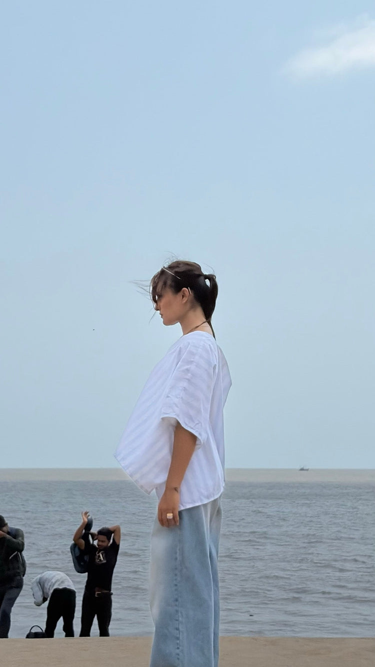 Seabreeze Top in blue-and-white stripe — Beige Hours