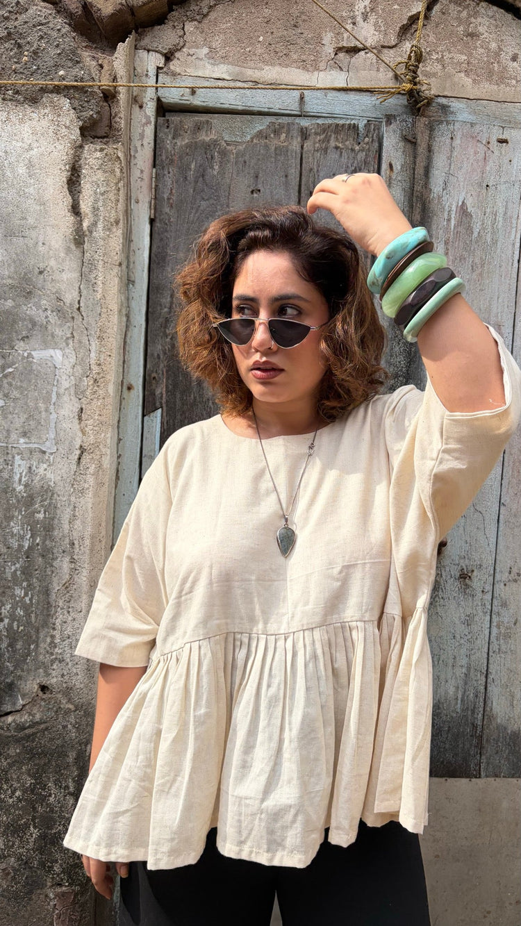 Swan Top with gathered waist detail — Beige Hours